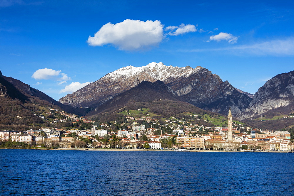 View of Lake Como and the city of Lecco framed by snowy peaks, Italian Lakes, Lombardy, Italy, Europe