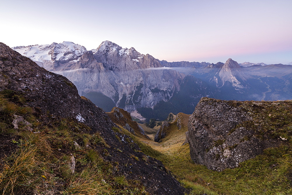 View of the Marmolada mountain range at dawn, Cima Belvedere, Canazei, Val di Fassa, Trentino-Alto Adige, Italy, Europe