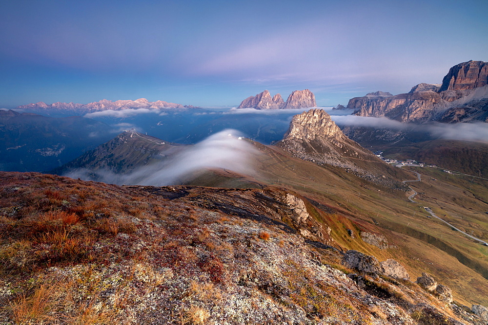 View of Sass Beca and Sassolungo at dawn from Cima Belvedere, Canazei, Val di Fassa, Trentino-Alto Adige, Italy, Europe