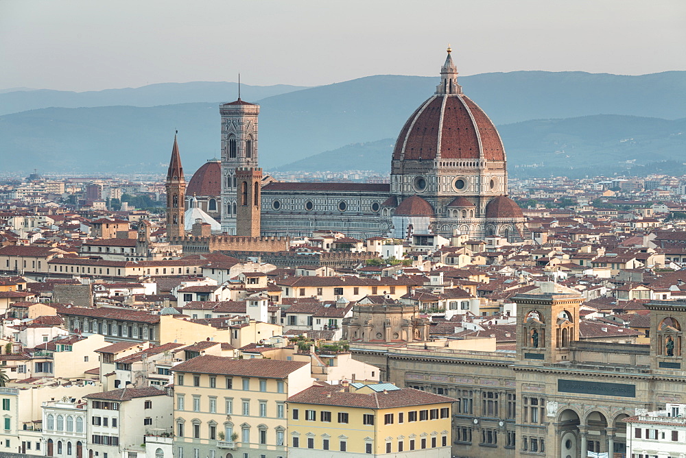 View of the Duomo with Brunelleschi Dome and Basilica di Santa Croce from Piazzale Michelangelo, Florence, UNESCO World Heritage Site, Tuscany, Italy, Europe