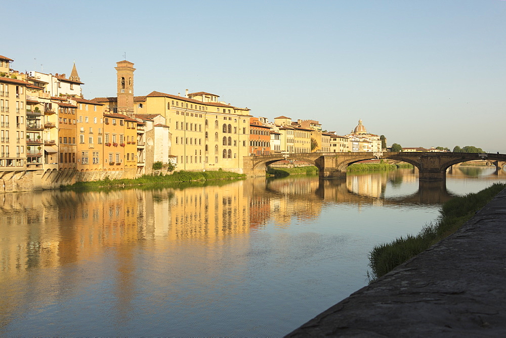 View of Ponte Della Vittoria on the Arno River with Brunelleschi's Dome in the background, Florence, UNESCO World Heritage Site, Tuscany, Italy, Europe