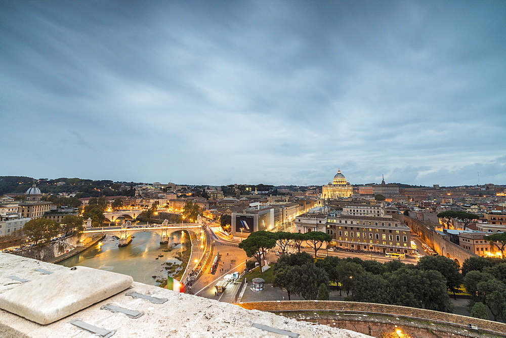 Dusk lights on Lungo Tevere with the Basilica di San Pietro in the background, Rome, Lazio, Italy, Europe