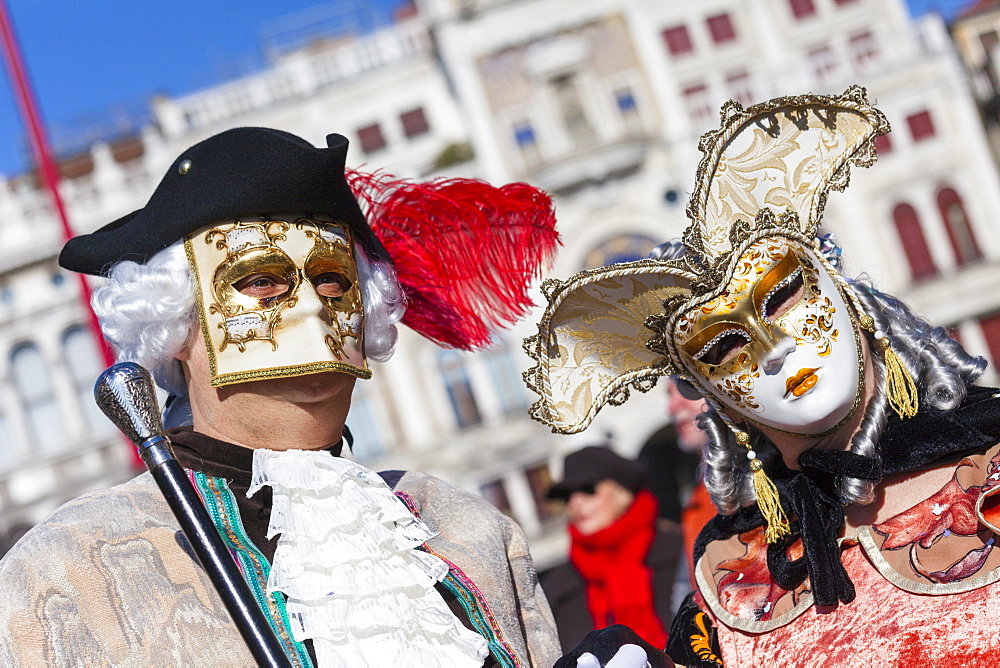 Colourful masks and costumes of the Carnival of Venice, famous festival worldwide, Venice, Veneto, Italy, Europe