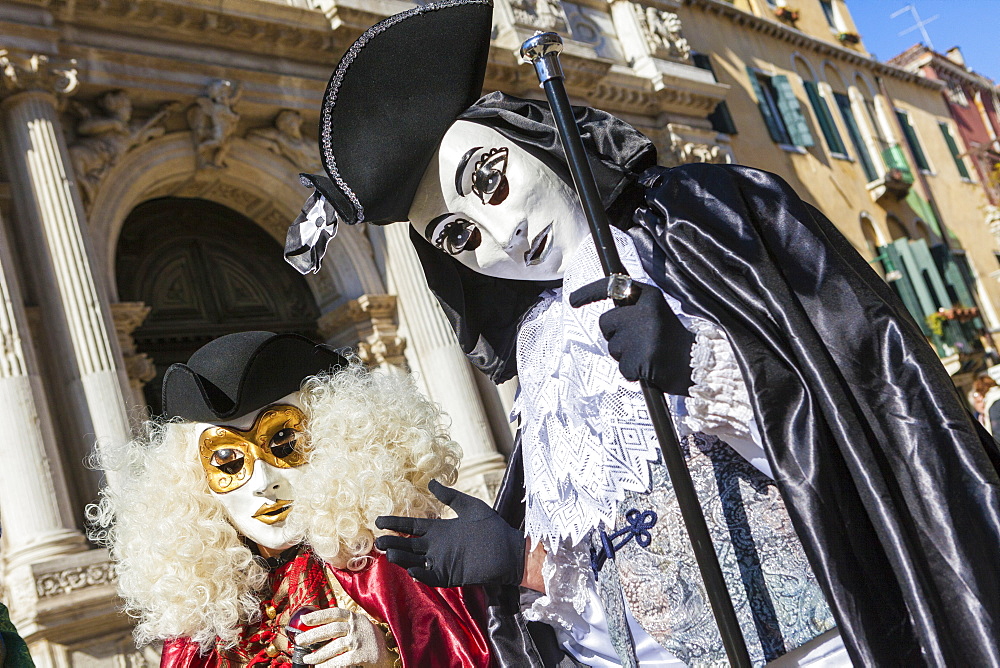 Colourful masks and costumes of the Carnival of Venice, famous festival worldwide, Venice, Veneto, Italy, Europe