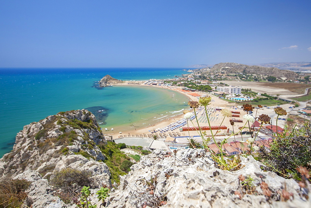 The cliffs frame the turquoise sea and the sandy beach of Licata, Province of Agrigento, Sicily, Italy, Mediterranean, Europe