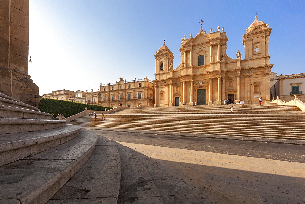 Flight of steps frames the ancient facade of Cattedrale di San Nicola di Mira, Noto, UNESCO World Heritage Site, Province of Syracuse, Sicily, Italy, Europe