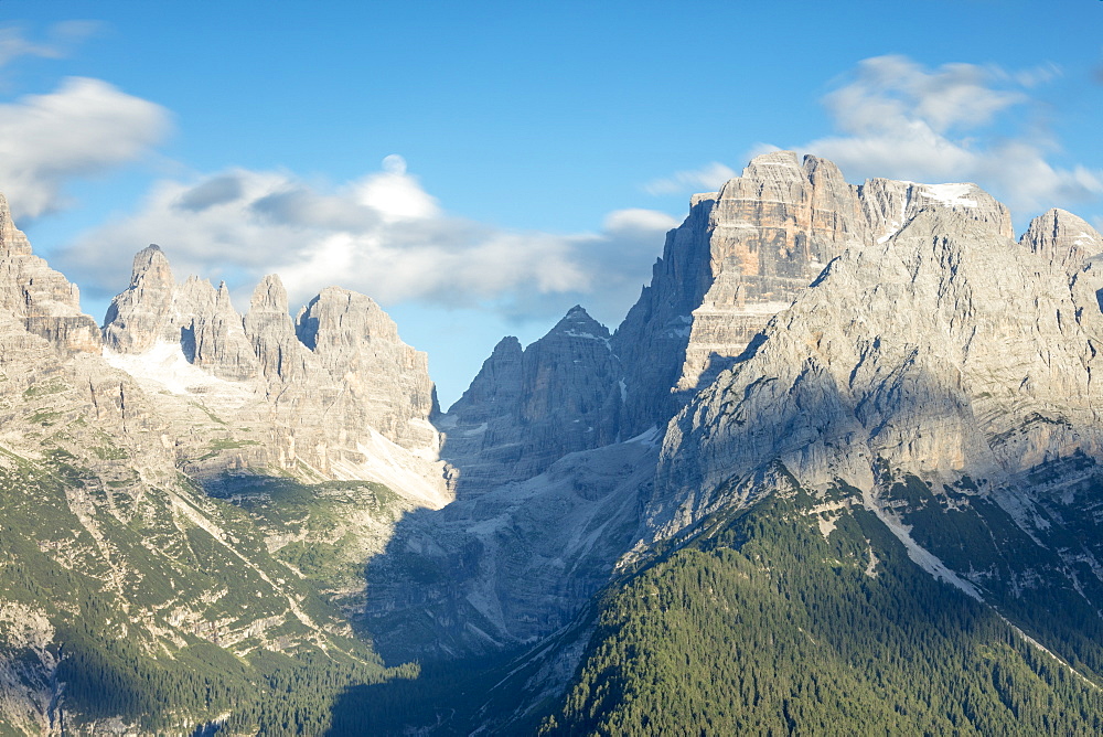 View of the high rocky peaks from Malga Ritorto, Madonna di Campiglio, Brenta Dolomites, Trentino-Alto Adige, Italy, Europe