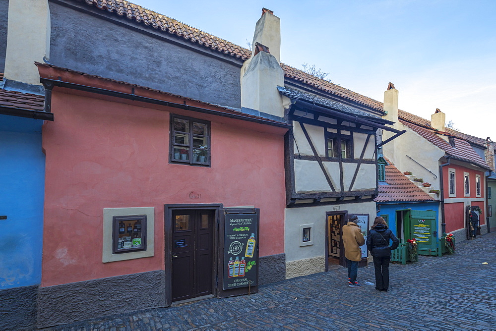 Typical houses and shops in the old alleys of Prague, Czech Republic, Europe