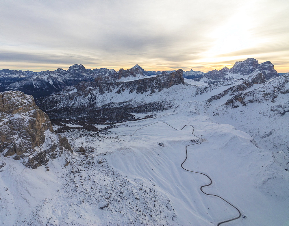 Aerial view of the snowy peaks of Giau Pass, Cortina d'Ampezzo, Dolomites, Province of Belluno, Veneto, Italy, Europe