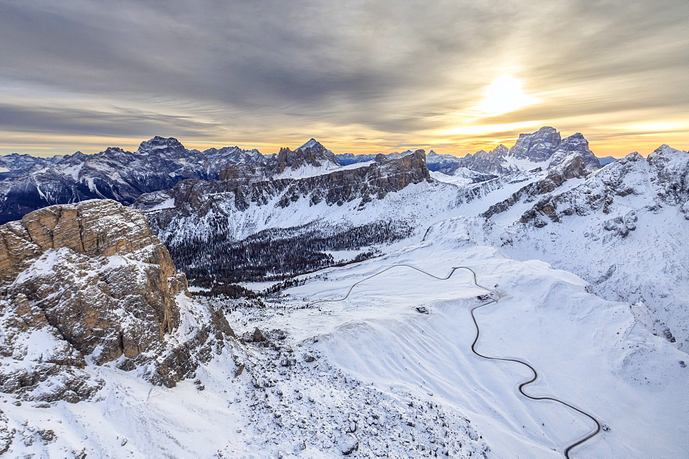 Aerial view of the snowy peaks of Giau Pass Ra Gusela and Lastoi De Formin, Cortina d'Ampezzo, Dolomites, Veneto, Italy, Europe