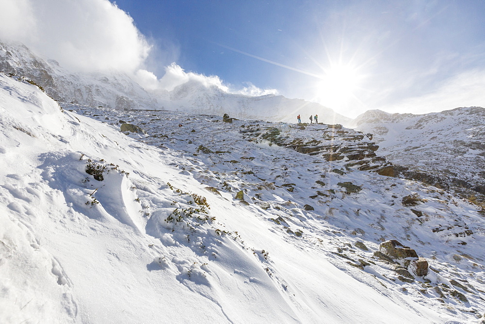 Hikers proceed in the snowy valley of Alpe Fora, Malenco Valley, Province of Sondrio, Valtellina, Lombardy, Italy, Europe