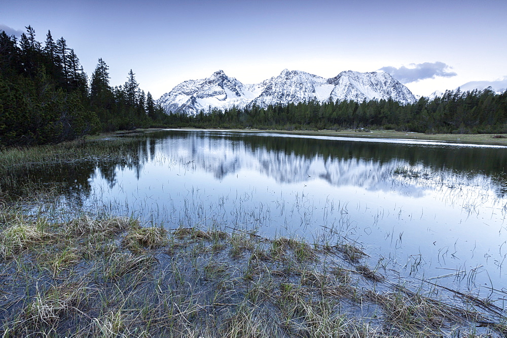 Sunrise frames the snowy peaks reflected in Lake Entova, Malenco Valley, Province of Sondrio, Valtellina, Lombardy, Italy, Europe