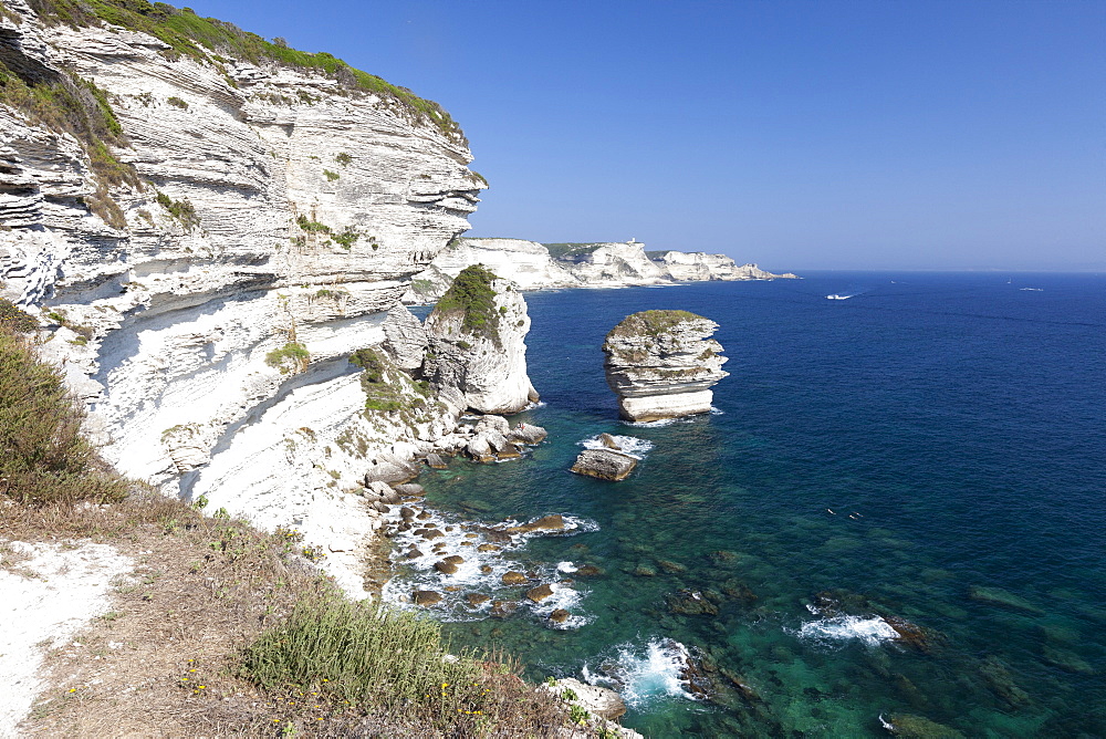 Sun shines on the white limestone cliffs framed by the turquoise sea, Bonifacio, Corsica, France, Mediterranean, Europe