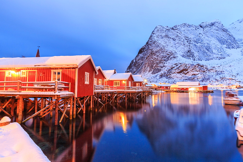 The Rorbu, the Norwegian red houses built on stilts in the bay of Reine in the Lofoten Islands, Arctic, Norway, Scandinavia, Europe