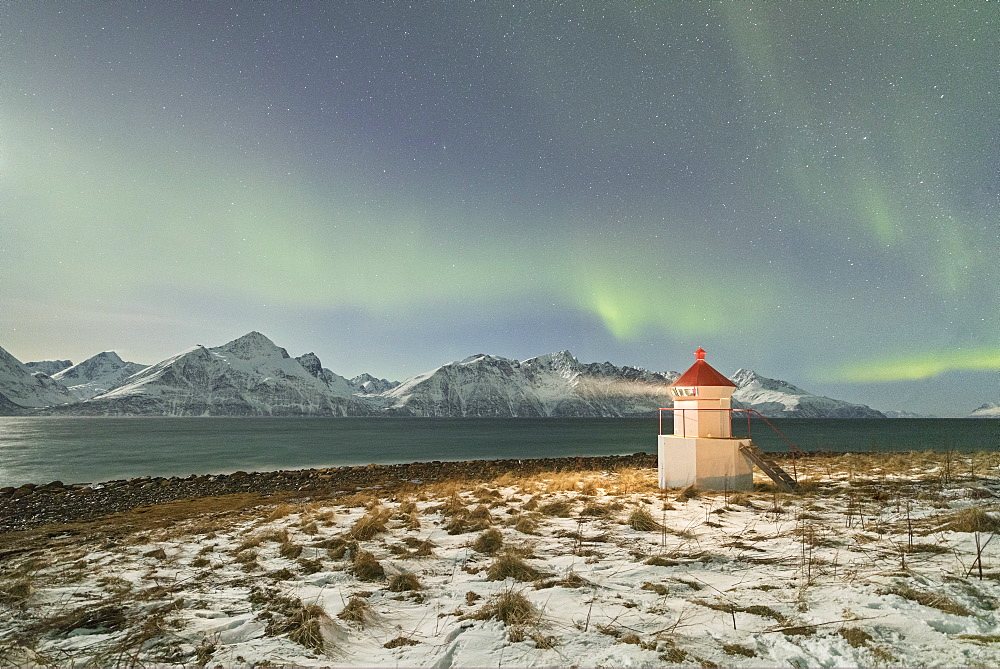 The Northern Lights (aurora borealis) and stars illuminate the lighthouse framed by icy sea, Djupvik, Lyngen Alps, Troms, Norway, Scandinavia, Europe