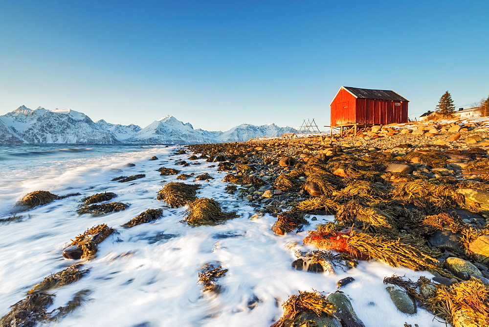 Typical wooden hut called Rorbu surrounded by waves of the cold sea and snowy peaks, Djupvik, Lyngen Alps, Troms, Norway, Scandinavia, Europe