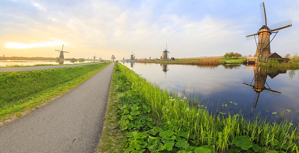 Panorama of the typical windmills reflected in the canals at dawn, Kinderdijk, UNESCO World Heritage Site, Molenwaard, South Holland, The Netherlands, Europe