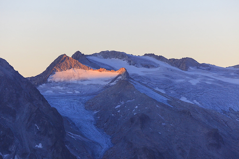 View of the Pisgana glacier and rocky peaks at dawn, Valcamonica, border Lombardy and Trentino-Alto Adige, Italy, Europe