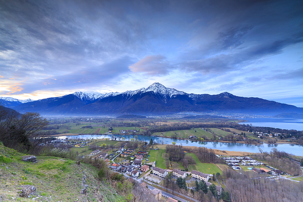 View of Sorico at dawn framed by Lake Como and snowy peaks seen from Chiesa Di San Miro, Province of Como, Lombardy, Italy, Europe