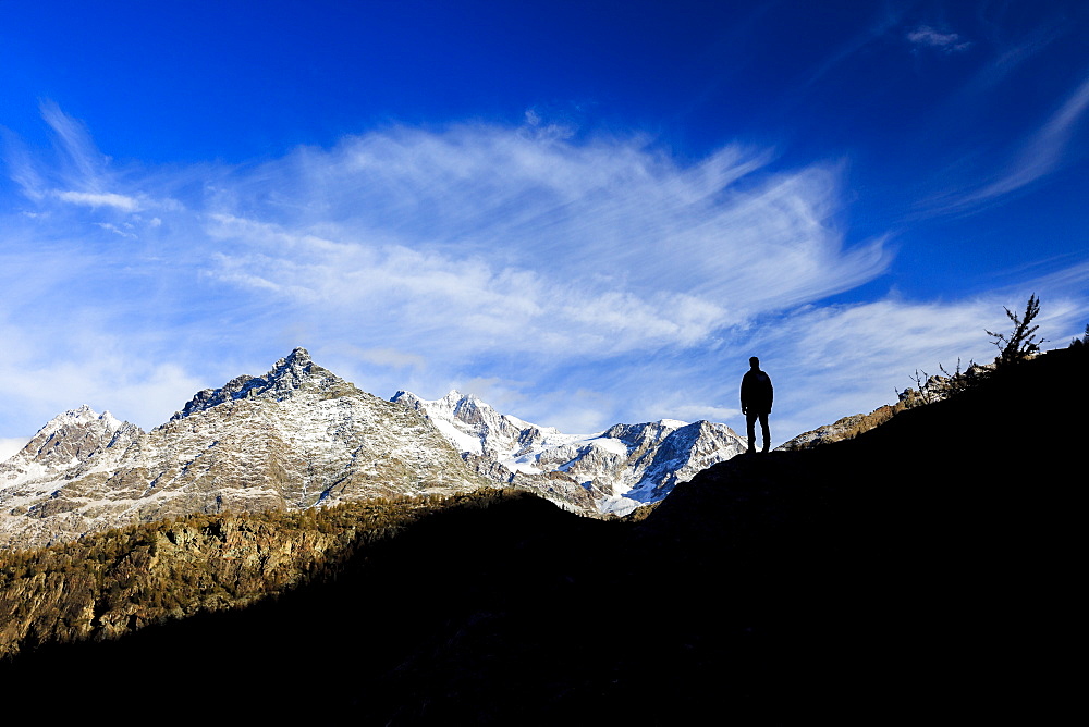 Hiker admires Monte Disgrazia from Lake Mufule, Malenco Valley, Province of Sondrio, Valtellina, Lombardy, Italy, Europe