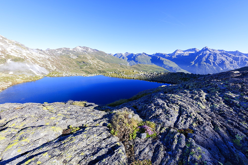 Lake Bergsee at sunrise, Chiavenna Valley, Spluga Valley, Spluga Pass, province of Sondrio, Valtellina, Lombardy, Italy, Europe