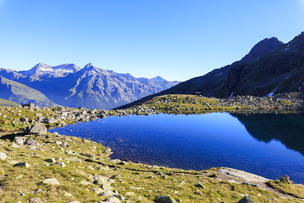 Lake Bergsee at sunrise, Chiavenna Valley, Spluga Valley, Spluga Pass, province of Sondrio, Valtellina, Lombardy, Italy, Europe