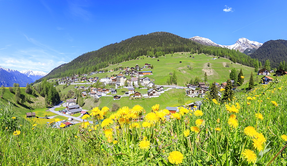 Panoramic of the alpine village of Davos Wiesen in spring, Canton of Graubunden, Prettigovia Davos Region, Switzerland, Europe