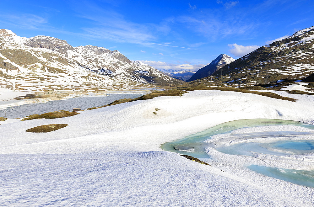 Spring thaw at Bernina Pass, St. Moritz, Upper Engadine, Canton of Graubunden, Switzerland, Europe