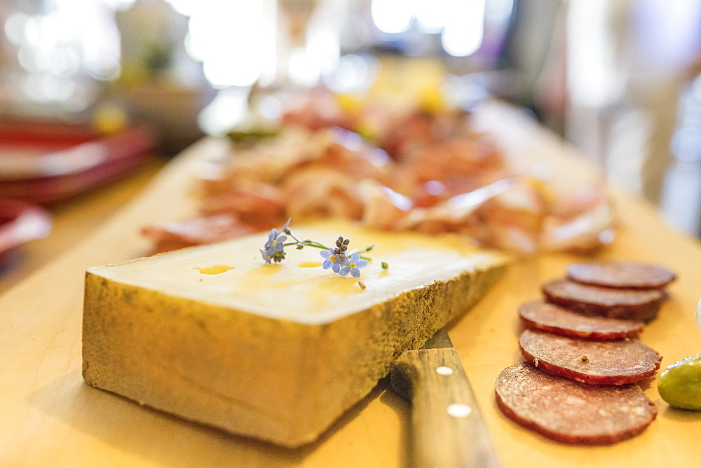 Typical salami and cheese on chopping board, San Romerio Alp, Brusio, Canton of Graubunden, Poschiavo Valley, Switzerland, Europe