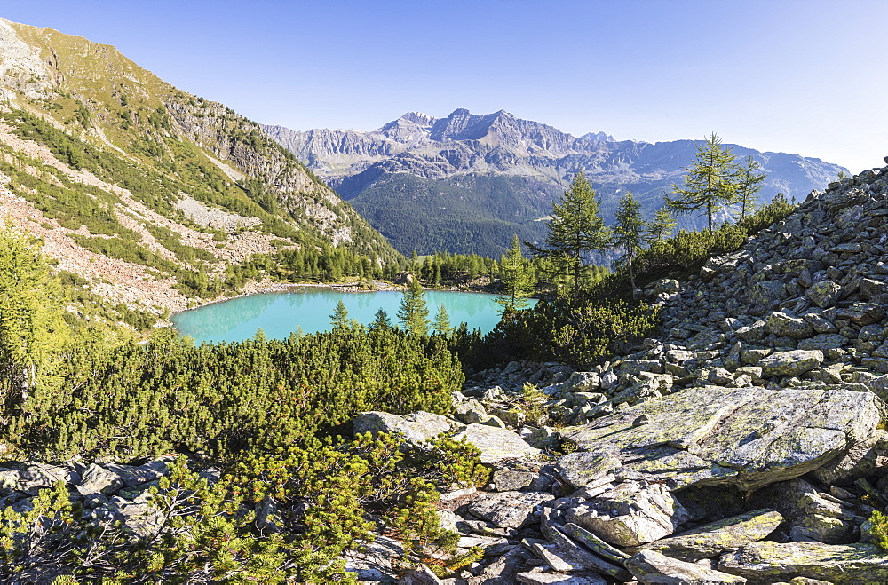 Panoramic of turquoise Lago Lagazzuolo, Chiesa In Valmalenco, Province of Sondrio, Valtellina, Lombardy, Italy, Europe