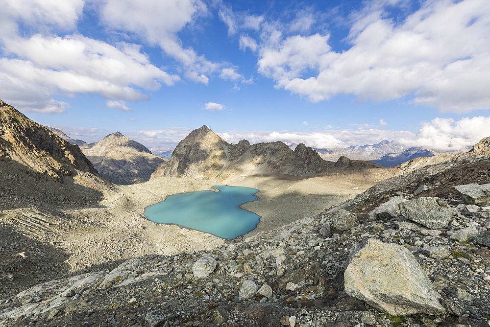 Turquoise water of Lej Lagrev during summer, Silvaplana, Engadine, Canton of Graubunden, Switzerland, Europe