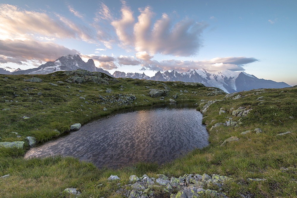 Sunrise on Mont Blanc massif seen from Lacs De Cheserys, Chamonix, Haute Savoie, French Alps, France, Europe