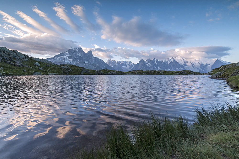 Sunrise on Mont Blanc massif seen from Lacs De Cheserys, Chamonix, Haute Savoie, French Alps, France, Europe