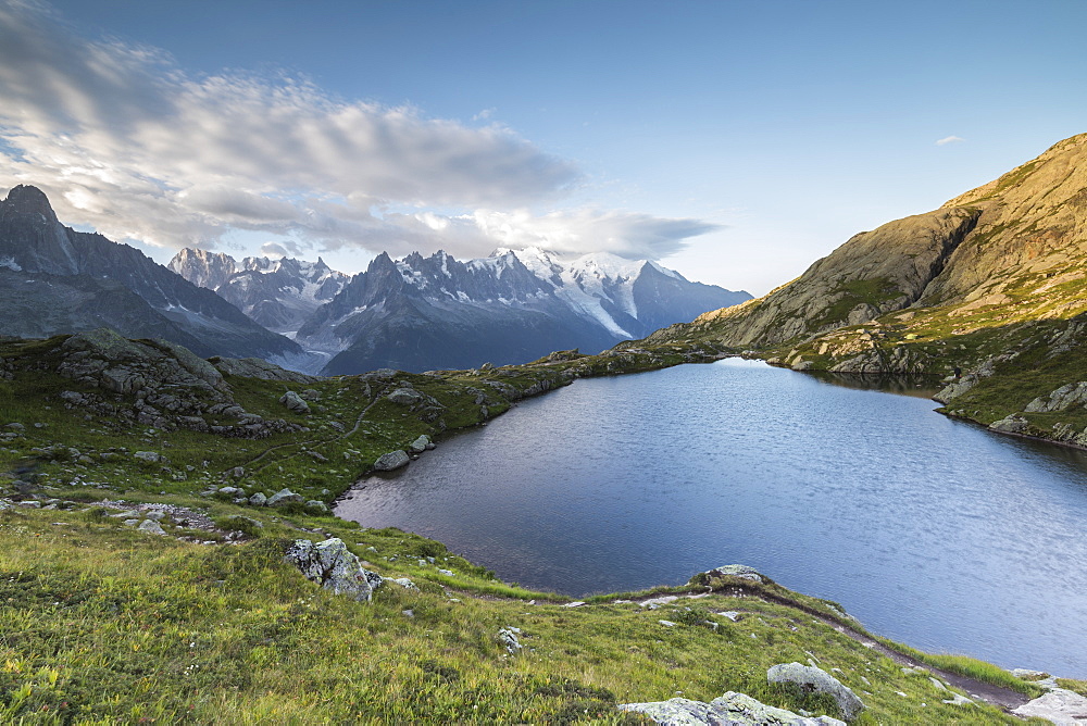 Sunrise on the snowy peaks of Mont Blanc massif seen from Lacs De Cheserys, Chamonix, Haute Savoie, French Alps, France, Europe