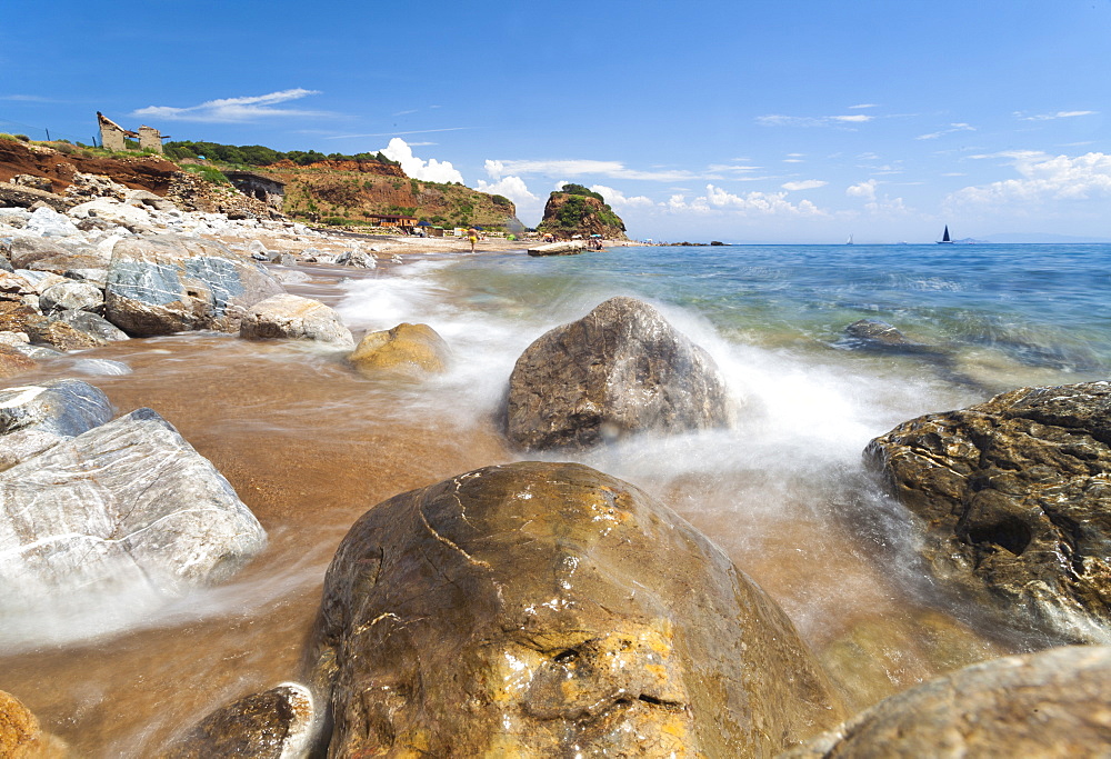 Waves crashing on rocks, Cala Seregola, Capo Pero, Elba Island, Livorno Province, Tuscany, Italy, Europe