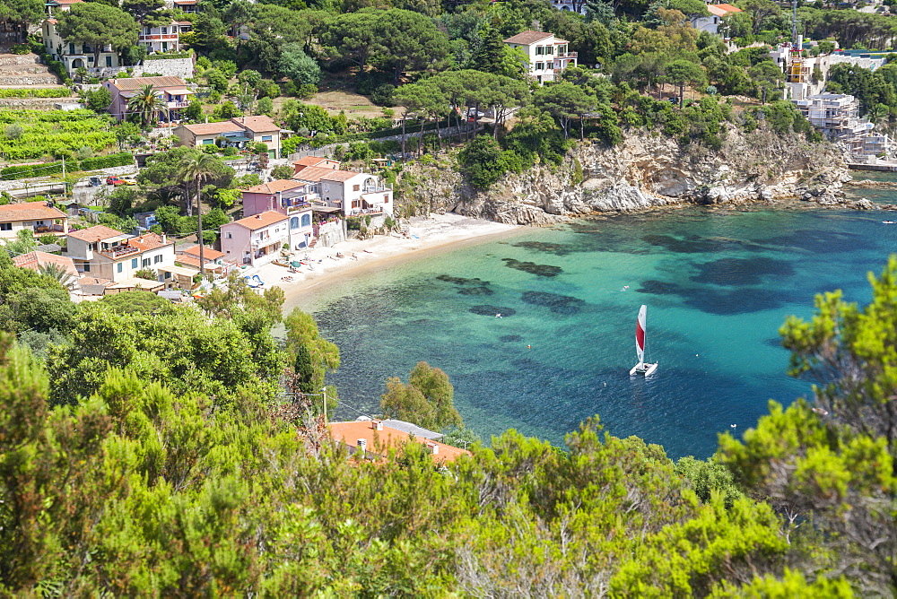 Sailboat in the turquoise sea, Porto Azzurro, Elba Island, Livorno Province, Tuscany, Italy, Europe