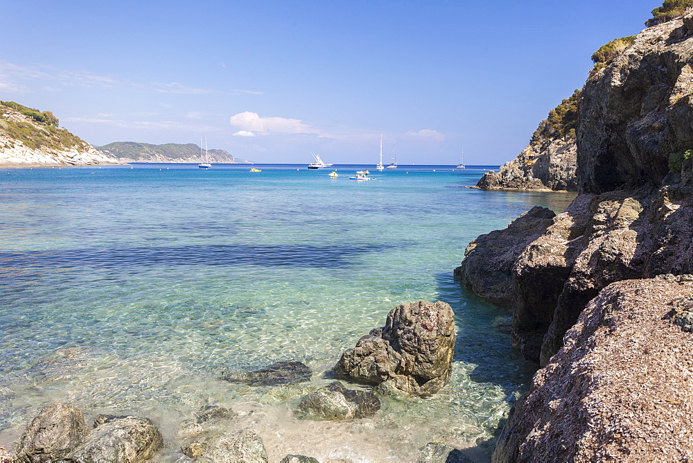 Sailboats in the turquoise sea, Fetovaia Beach, Campo nell'Elba, Elba Island, Livorno Province, Tuscany, Italy, Europe