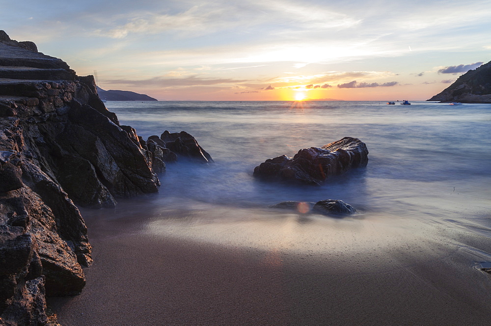 Sunset on La Crocetta beach, Marciana Marina, Elba Island, Livorno Province, Tuscany, Italy, Europe