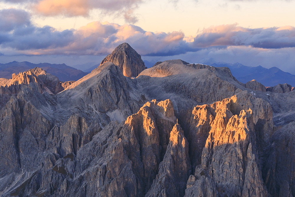 Aerial view of Catinaccio Group (Rosengarten) at sunset, Dolomites, South Tyrol, Italy, Europe