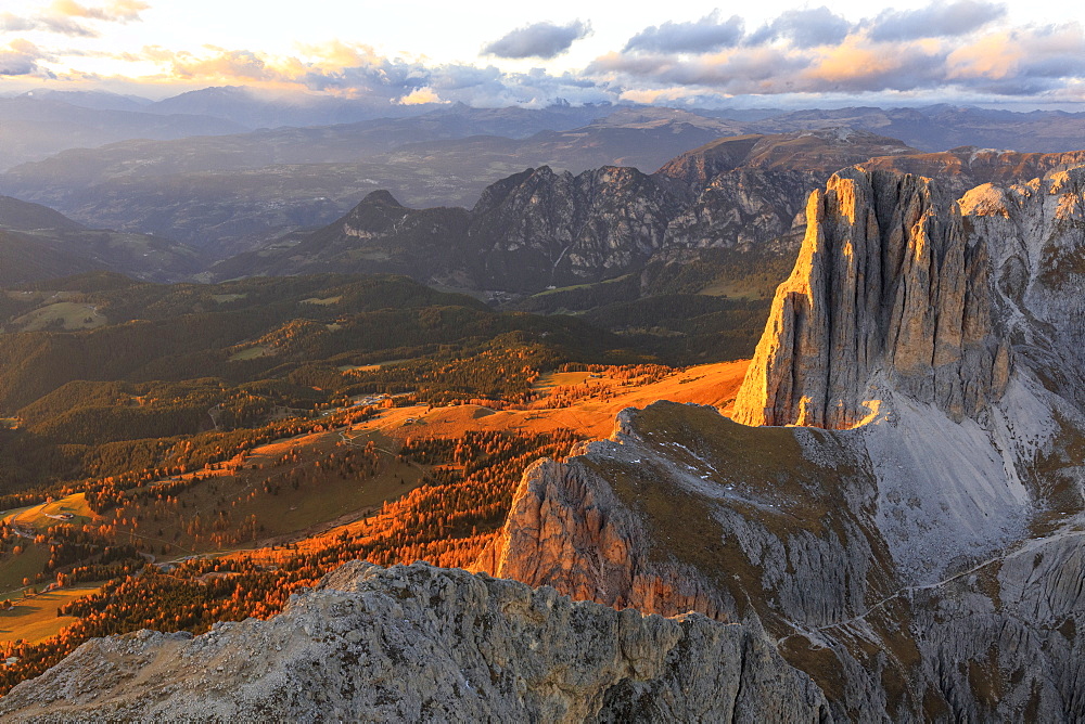 Aerial view of Catinaccio Group (Rosengarten) at sunset, Dolomites, South Tyrol, Italy, Europe