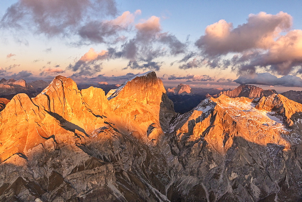 Aerial view of Marmolada, Gran Vernel, Sasso Vernale and Cima Ombretta, Dolomites, Trentino-Alto Adige, Italy, Europe