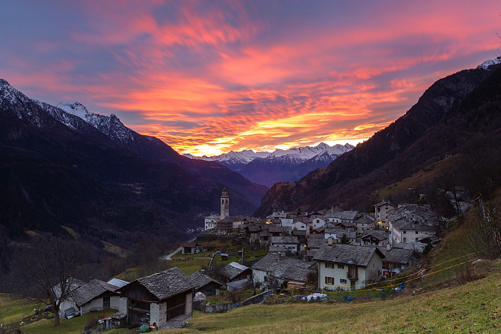 Sunset over the alpine village of Soglio, Bregaglia Valley, Maloja Region, Canton of Graubunden (Grisons), Switzerland, Europe