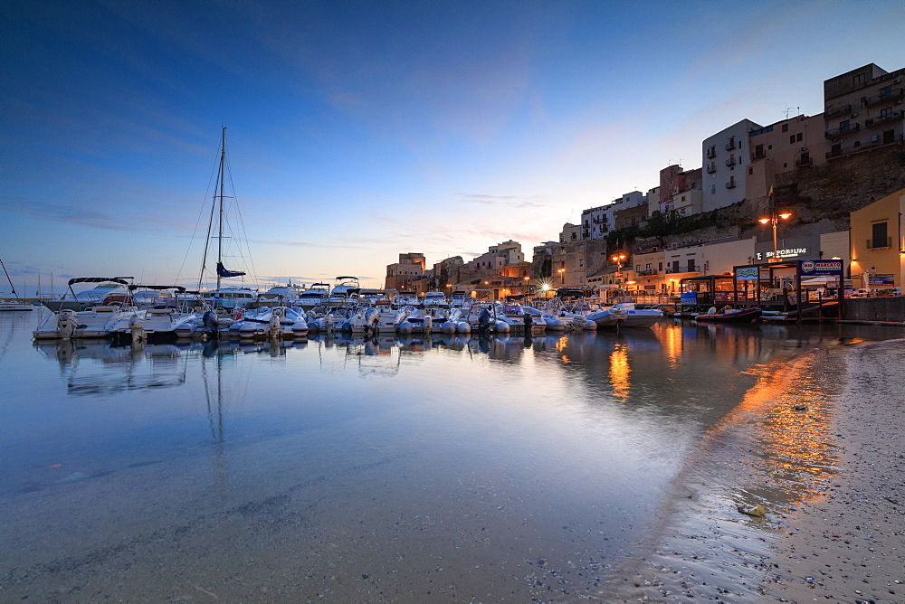 Harbor at sunrise, Castellammare del Golfo, province of Trapani, Sicily, Italy, Mediterranean, Europe