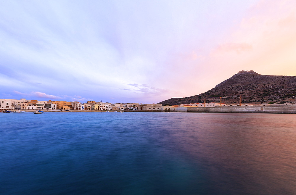 Harbor at sunset, Favignana island, Aegadian Islands, province of Trapani, Sicily, Italy, Mediterranean, Europe