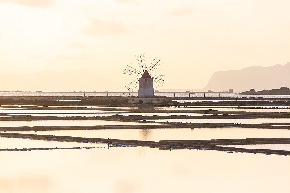 Windmill in the salt flats, Saline dello Stagnone, Marsala, province of Trapani, Sicily, Italy, Mediterranean, Europe