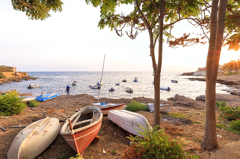 Harbor at sunset, Torretta Granitola, Campobello di Mazara, province of Trapani, Sicily, Italy, Mediterranean, Europe