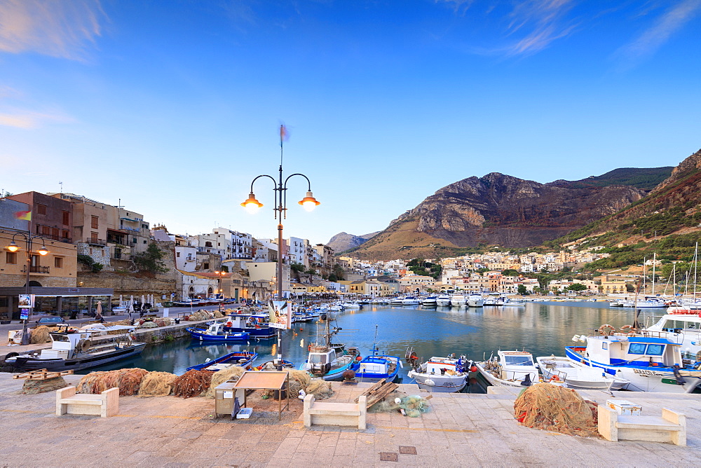 Harbor at sunrise, Castellammare del Golfo, province of Trapani, Sicily, Italy, Mediterranean, Europe