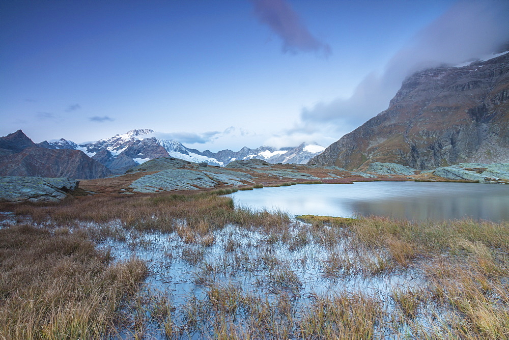 Alpine lake with Monte Disgrazia in the background, Alpe Fora, Malenco Valley, province of Sondrio, Valtellina, Lombardy, Italy, Europe