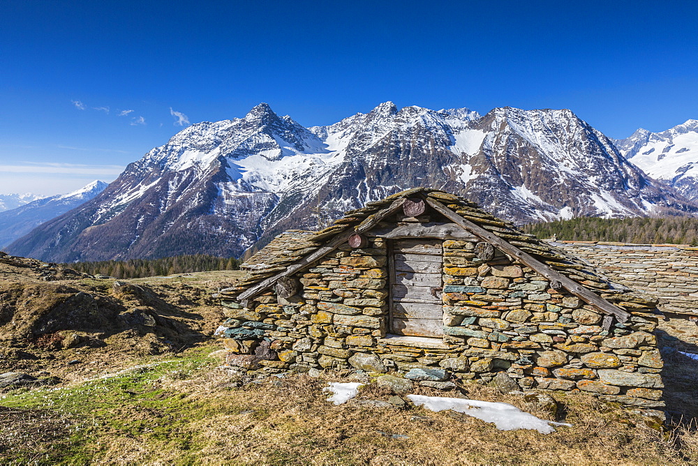 Stone hut, Entova Alp, Malenco Valley, province of Sondrio, Valtellina, Lombardy, Italy, Europe