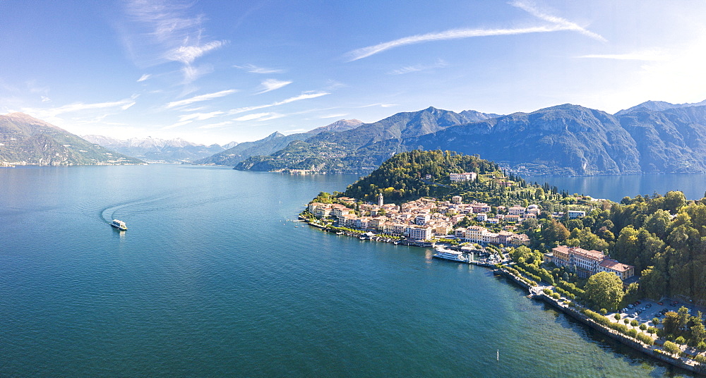 Panoramic aerial view of Lake Como and the village of Bellagio, Province of Como, Lombardy, Italian Lakes, Italy, Europe (Drone)